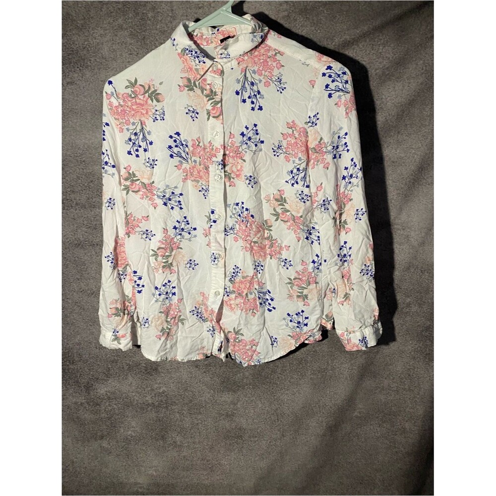 H&M Divided Floral Button Down Shirt Blouse White Pink Blue Women's Size 2